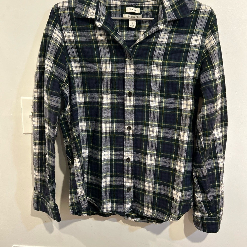 L.L. Bean Men's Navy and Green Plaid Shirt